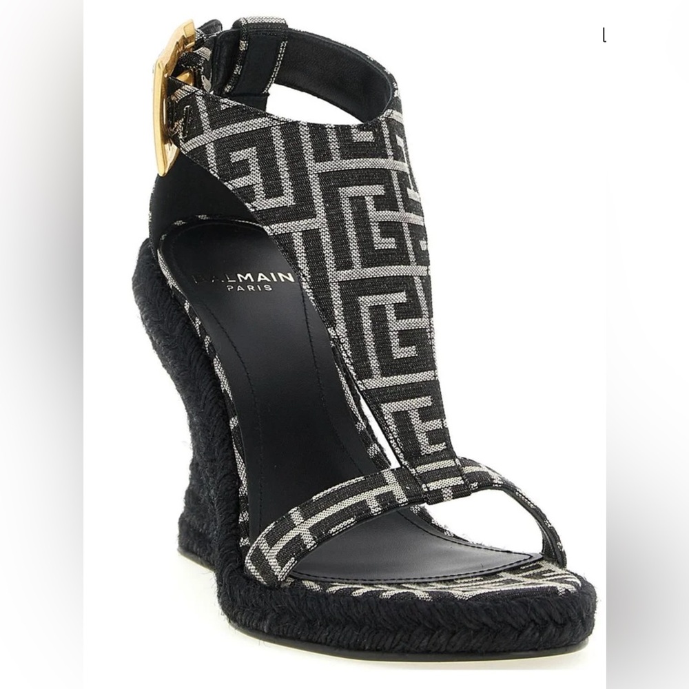 Balmain Black & Gray Geometric Jacquard Wedge Sandal with Gold Buckle